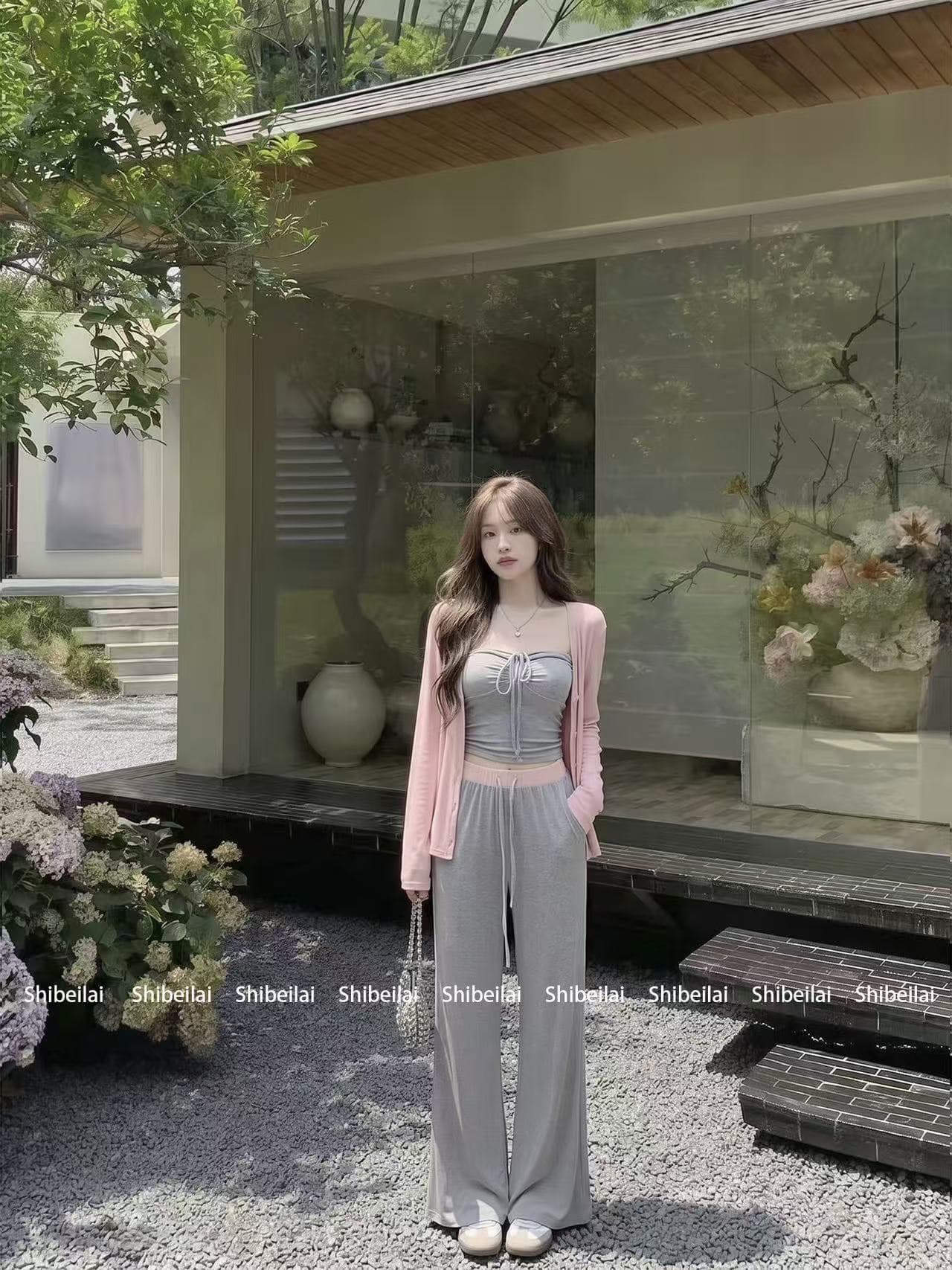 새로운 패션 느긋한 센스 얇고 가벼운 오픈 가디건 펌프 로프 튜브탑 허리밴드 슬림해 보이는 캐주얼 바지 3 세트 상세 이미지 2