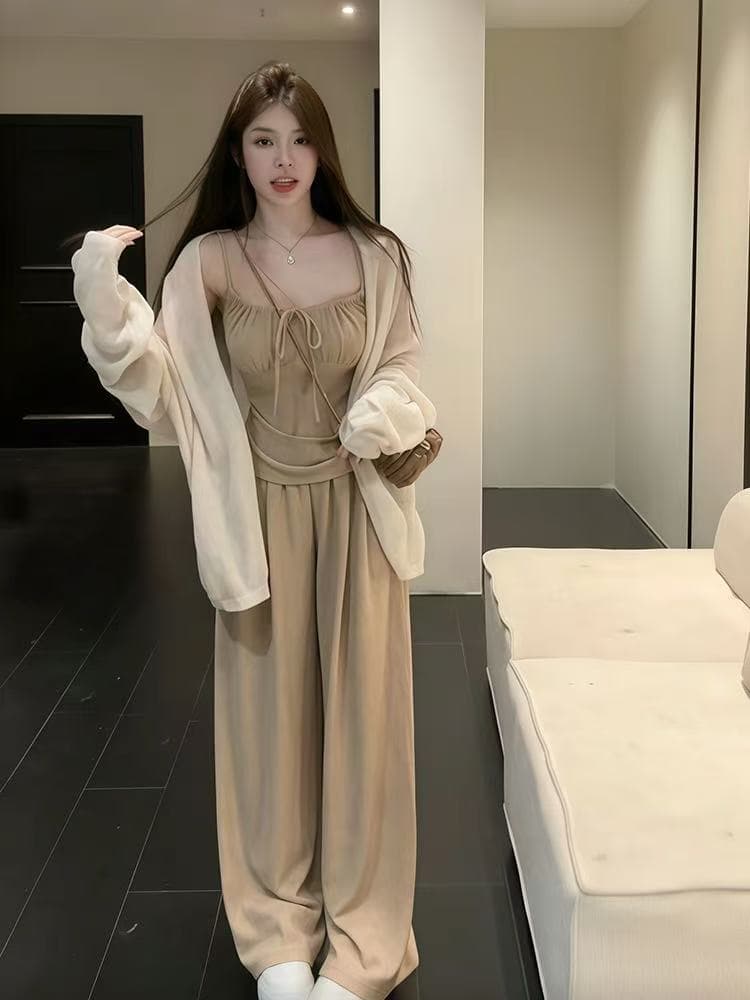 새로운 한 부서 패션 캐주얼 스웨터 코트 주름 슬립 허리밴드 와이드 레그 팬츠 3 세트 이미지 4