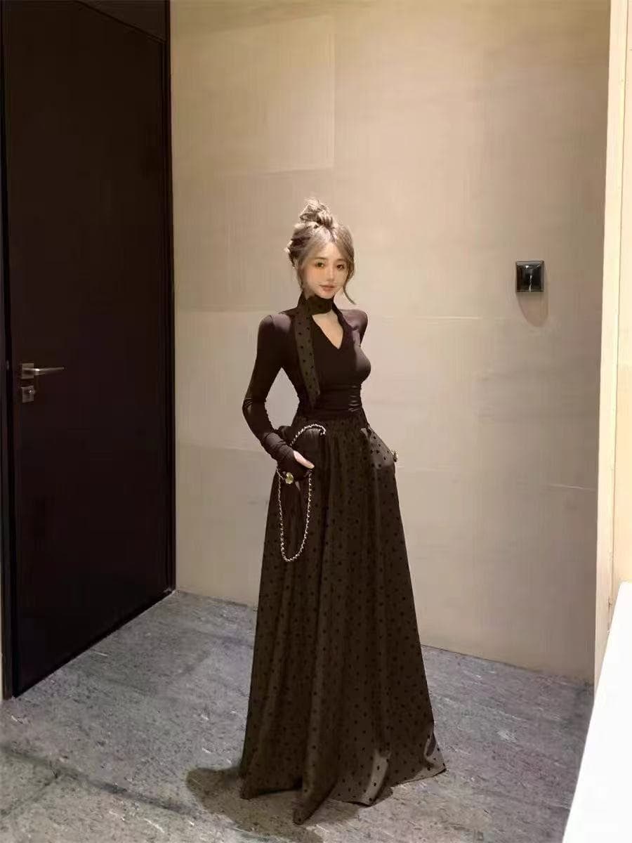 새로운 빛 럭셔리 레트로 그는 벤 바람 몸매 가꾸기 기본 셔츠 리본 허리밴드 한 마디 반신 스커트 3 세트 상세 이미지 3