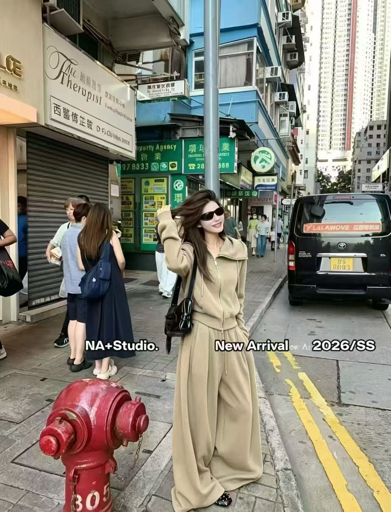 새로운 한 부서 느긋한 바람 패션 비스듬한 칼라 지퍼 후드티 허리밴드 와이드 레그 팬츠 투피스 세트 이미지 5