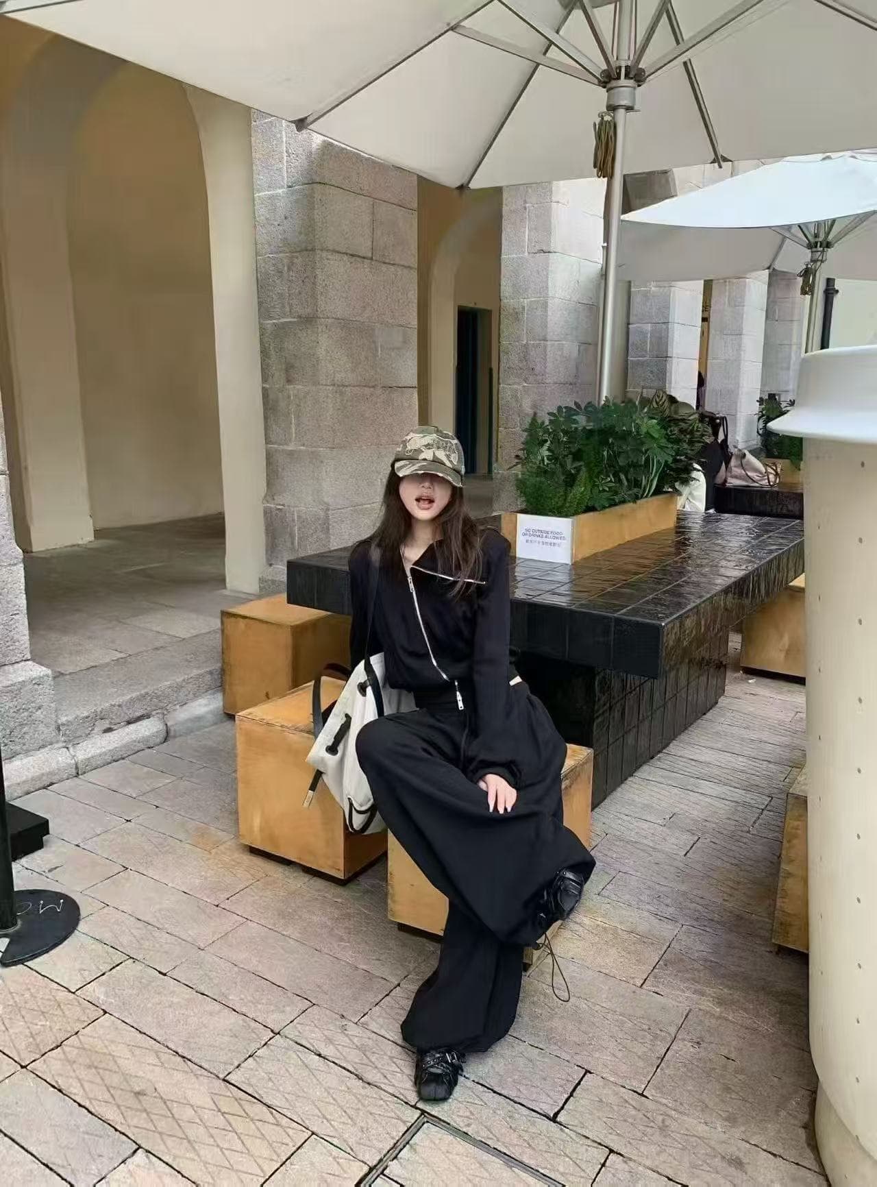 새로운 한 부서 느긋한 바람 패션 비스듬한 칼라 지퍼 후드티 허리밴드 와이드 레그 팬츠 투피스 세트 상세 이미지 2