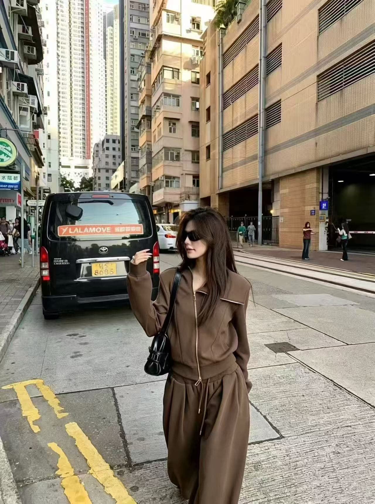 새로운 한 부서 느긋한 바람 패션 비스듬한 칼라 지퍼 후드티 허리밴드 와이드 레그 팬츠 투피스 세트 상세 이미지 7