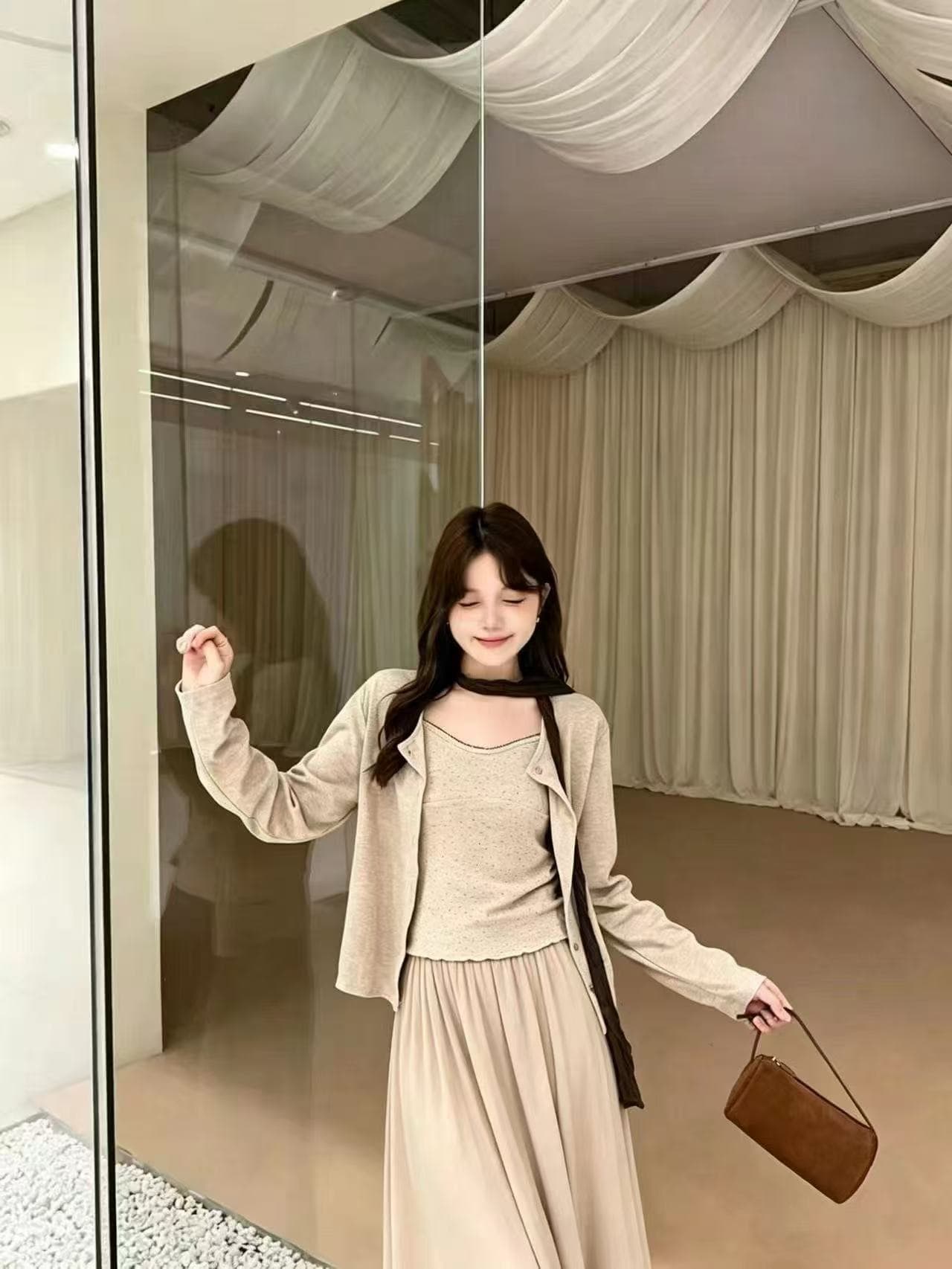 새로운 한 부서 분위기 센스 캐미솔 오픈 가디건 리본 허리밴드 반신 스커트 4 세트 이미지 3