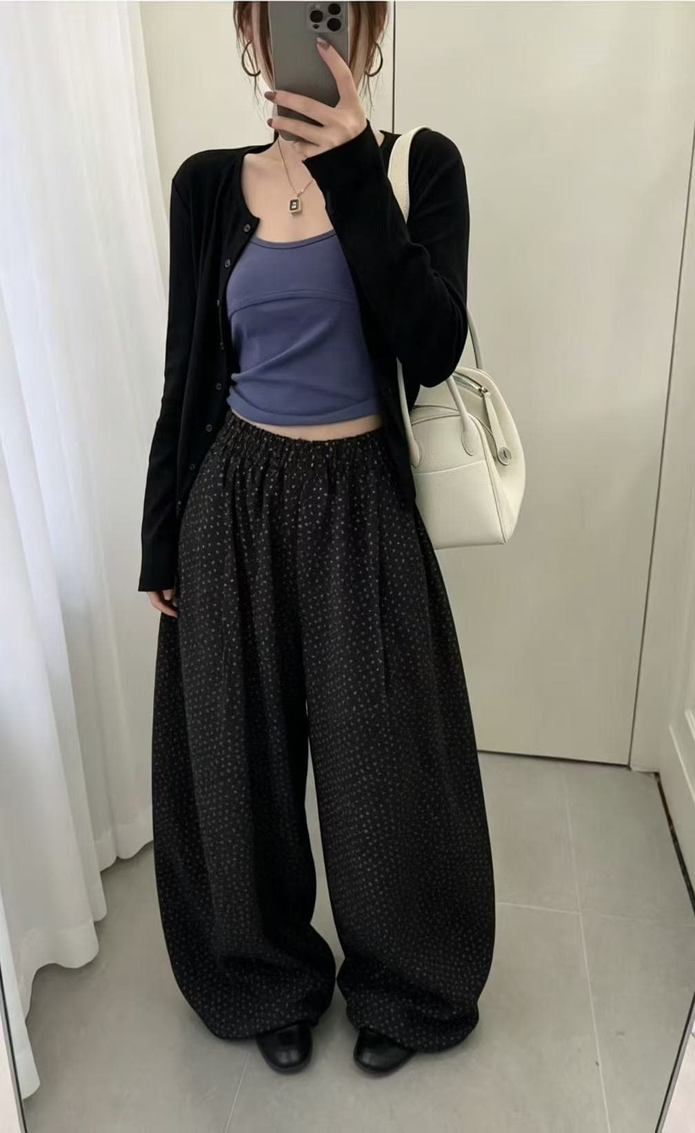 새로운 달콤함 다용도 루즈핏 미니멀리즘 슬립 오픈 가디건 허리밴드 도트 무늬 캐주얼 바지 3 세트 이미지 3