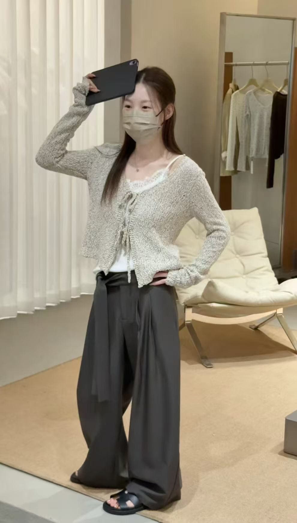 새로운 느슨함 센스 V넥 레이스업 니트 오픈 가디건 레이스 꽃 또한 슬립 하이웨이스트 와이드 레그 팬츠 3 세트 상세 이미지 1