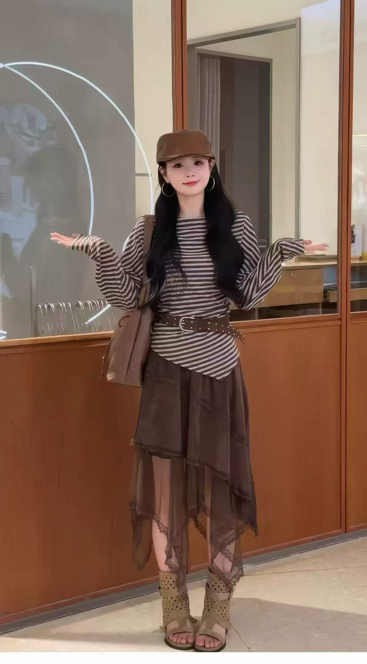 새로운 한 부서 비스듬한 스트라이프 비스듬한 어깨 의류 불규칙 레이스 조각 반신 스커트 벨트 3 세트 이미지 4