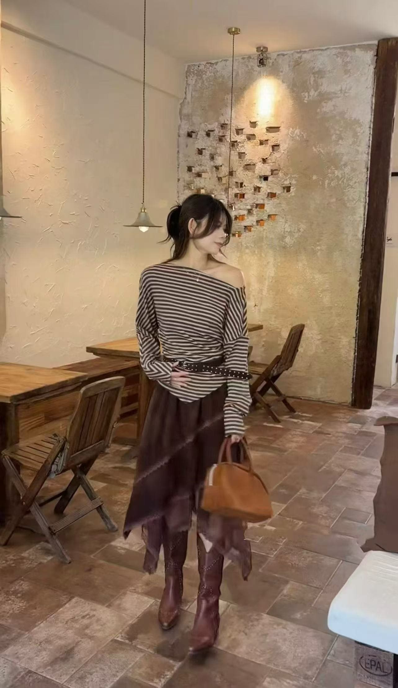 새로운 한 부서 비스듬한 스트라이프 비스듬한 어깨 의류 불규칙 레이스 조각 반신 스커트 벨트 3 세트 상세 이미지 4