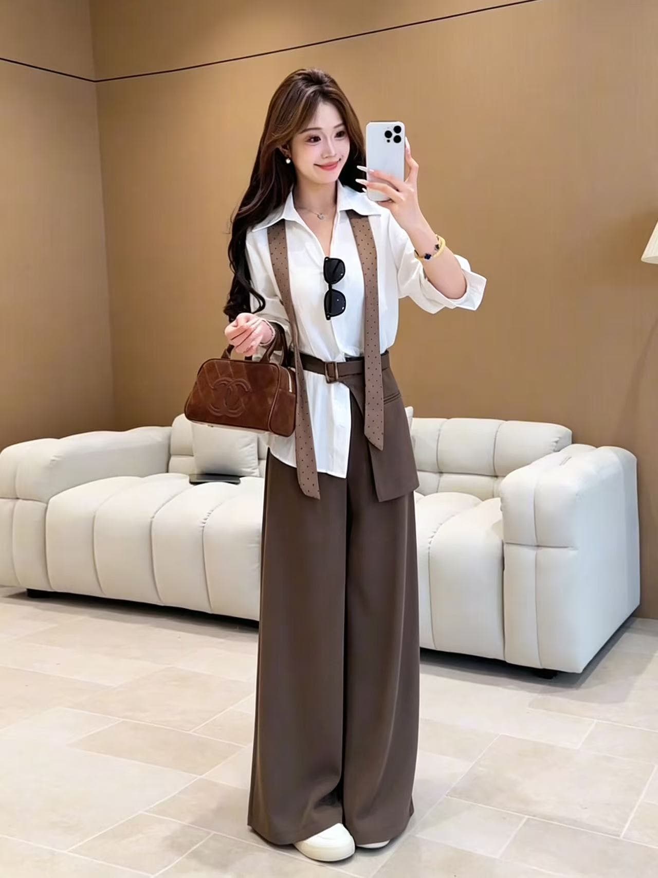 새로운 패션 느긋한 바람 루즈핏 셔츠 하이웨이스트 슬림해 보이는 캐주얼 바지 허리 펭 리본 4 세트 상세 이미지 1
