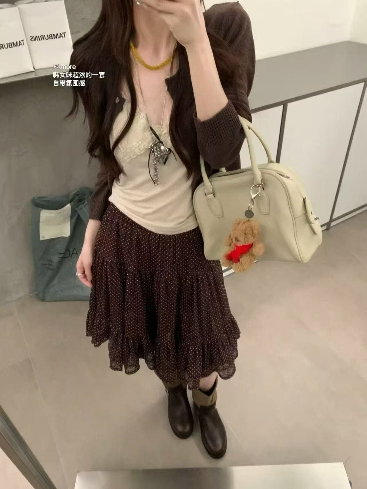 새로운 한 부서 달콤함 작은 청신 오픈 가디건 슬립 허리밴드 레이스 도트 무늬 반신 스커트 3 세트 상세 이미지 1