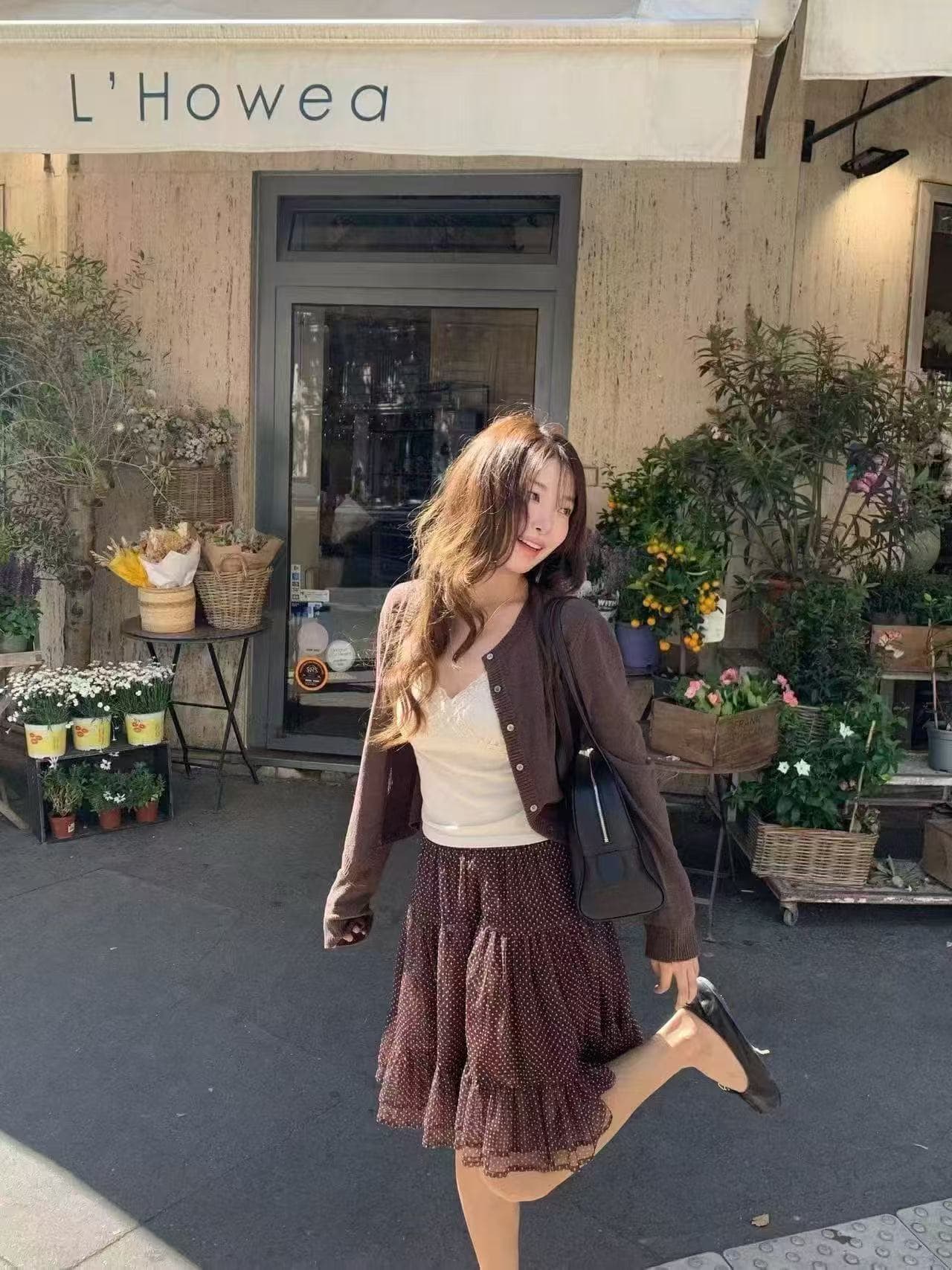 새로운 한 부서 달콤함 작은 청신 오픈 가디건 슬립 허리밴드 레이스 도트 무늬 반신 스커트 3 세트 상세 이미지 6