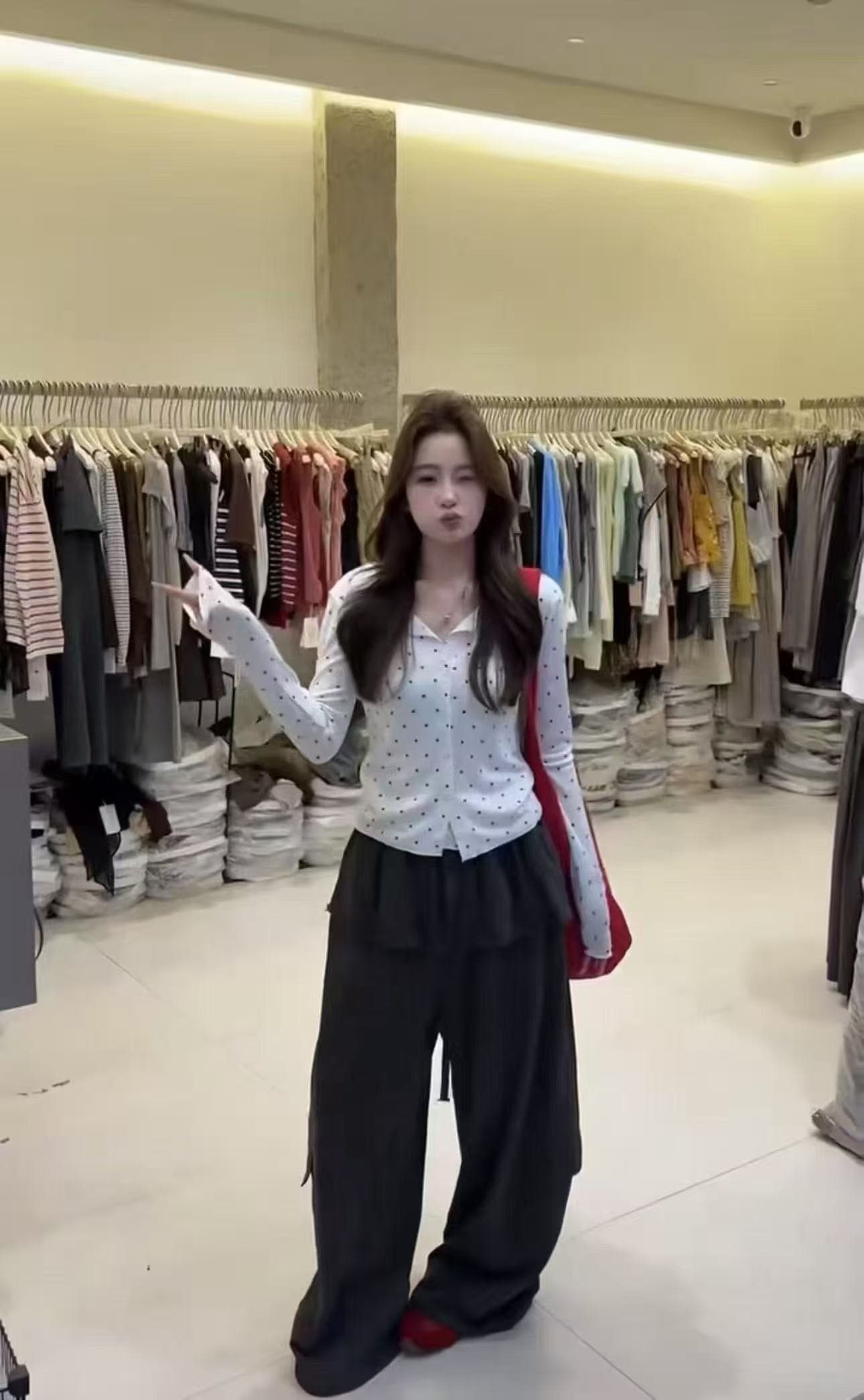 새로운 트렌드 출퇴근 도트 무늬 가짜 2개 맨위 허리밴드 방귀 커튼 워크웨어 주머니 웨이 바지 투피스 세트 상세 이미지 6
