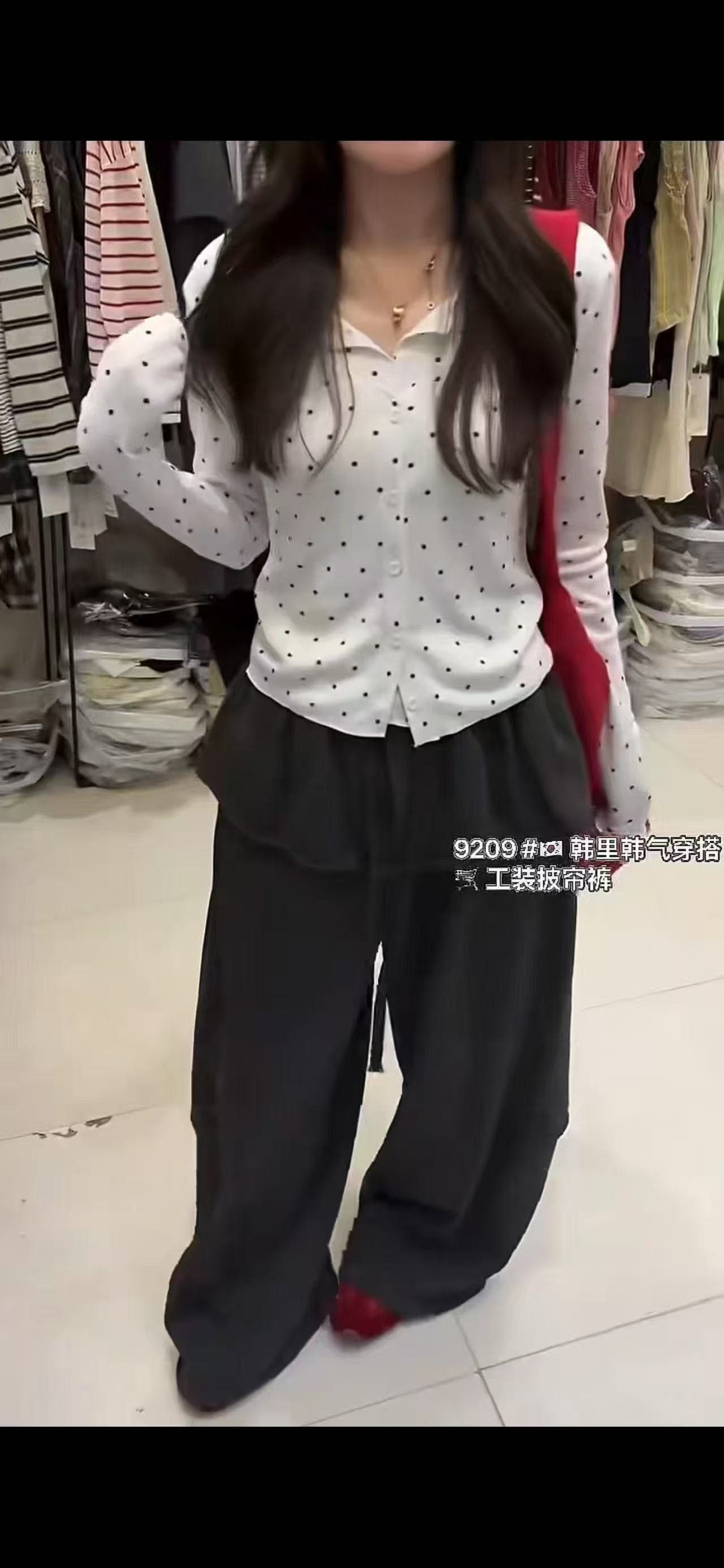 새로운 트렌드 출퇴근 도트 무늬 가짜 2개 맨위 허리밴드 방귀 커튼 워크웨어 주머니 웨이 바지 투피스 세트 상세 이미지 8