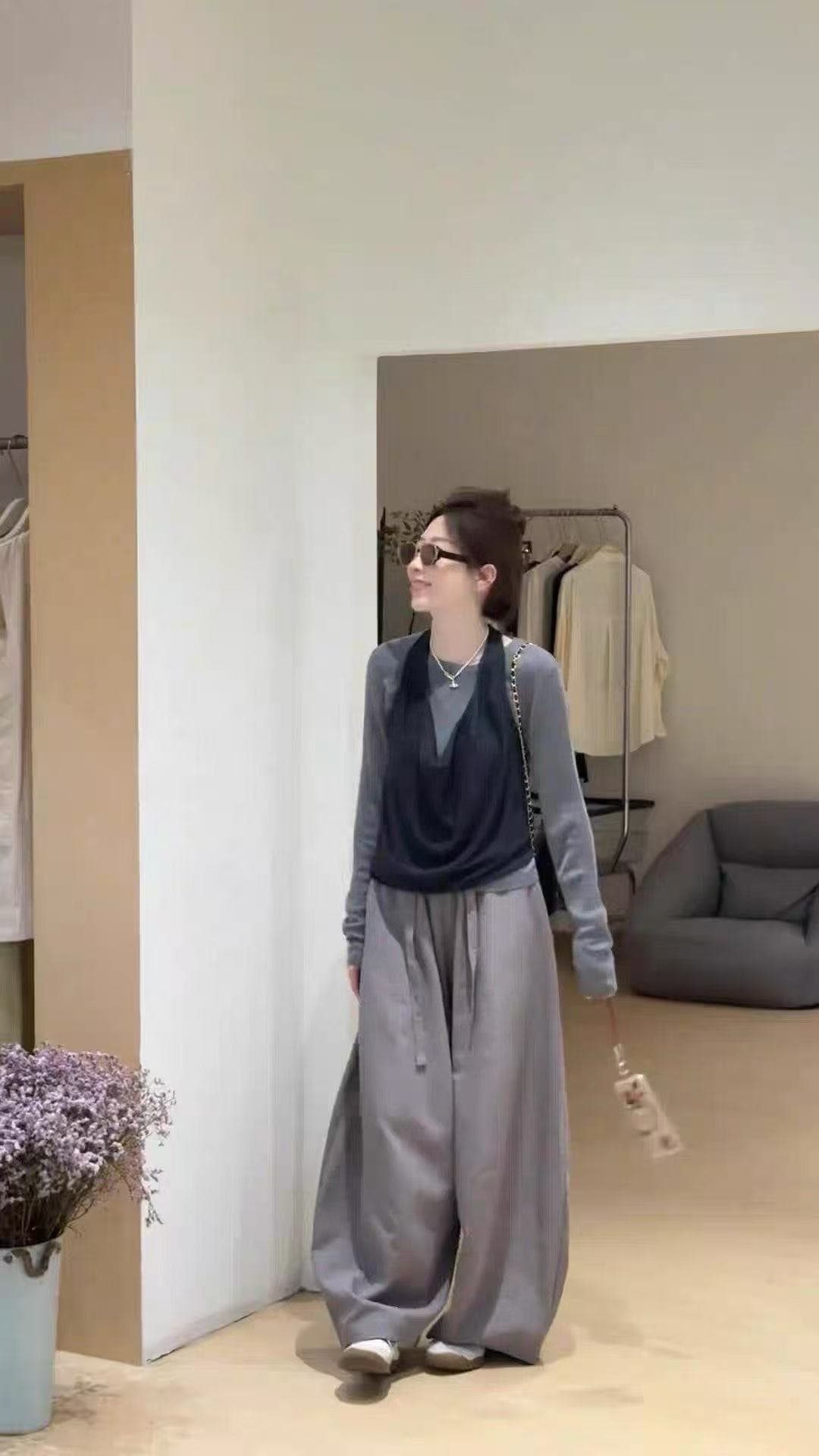 새로운 한 부서 연령 감소 행침 목 니트 조끼 기본 셔츠 허리밴드 와이드 레그 팬츠 3 세트 이미지 5