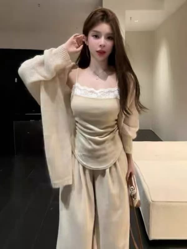 새로운 한 부서 느긋한 바람 레이스 캐미솔 니트 오픈 가디건 허리밴드 와이드 레그 팬츠 3종 세트 이미지 5