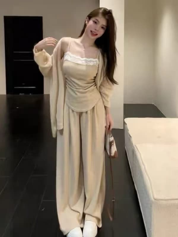 새로운 한 부서 느긋한 바람 레이스 캐미솔 니트 오픈 가디건 허리밴드 와이드 레그 팬츠 3종 세트 상세 이미지 5