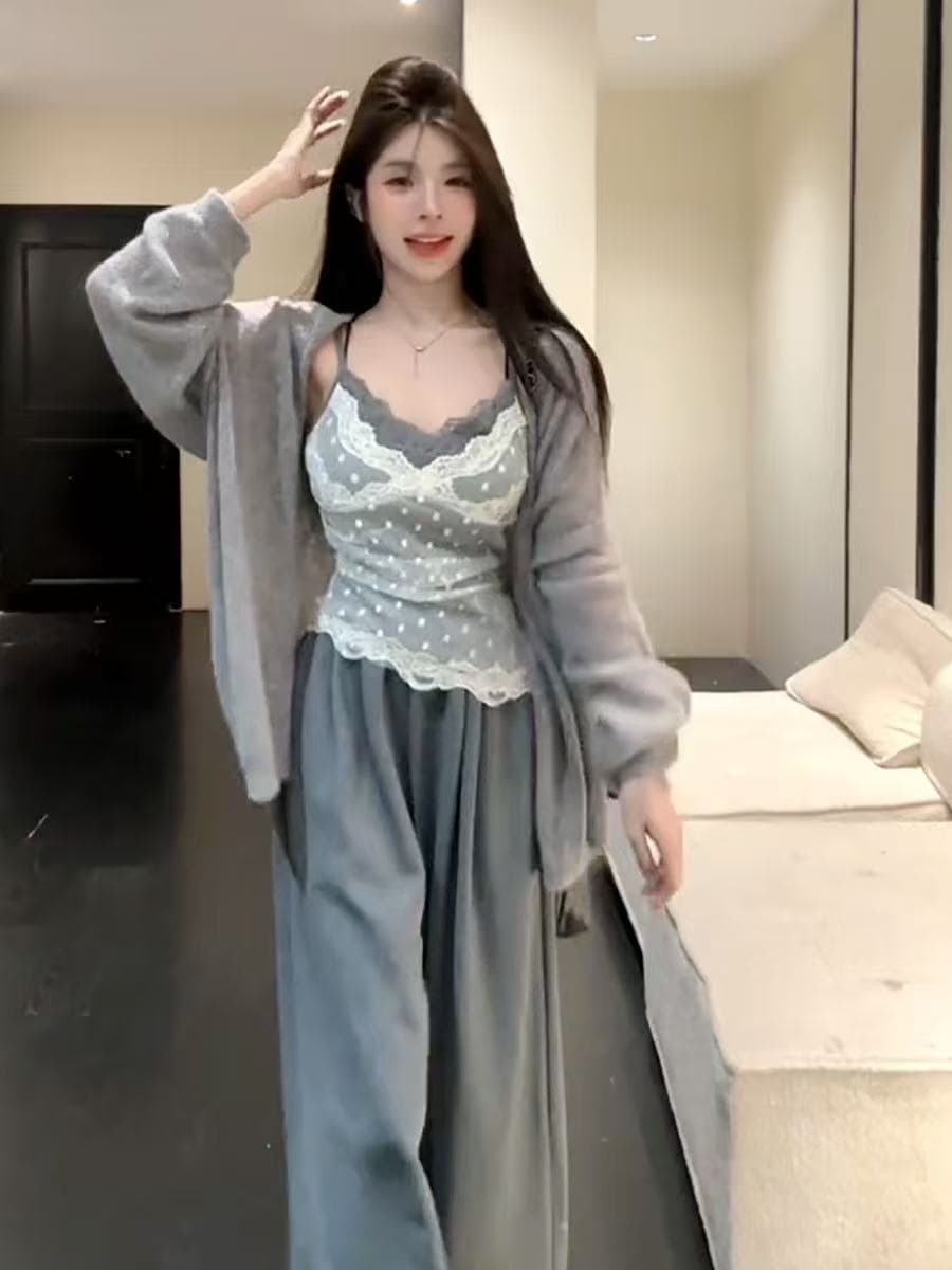 새로운 한 부서 패션 느긋한 바람 몸매 가꾸기 레이스 슬립 오픈 가디건 허리밴드 와이드 레그 팬츠 3종 세트 상세 이미지 2