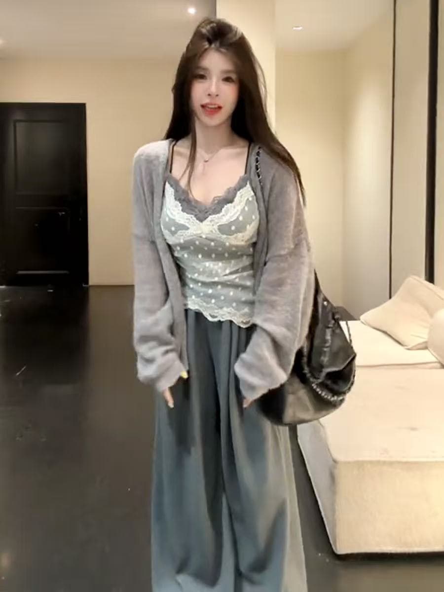새로운 한 부서 패션 느긋한 바람 몸매 가꾸기 레이스 슬립 오픈 가디건 허리밴드 와이드 레그 팬츠 3종 세트 상세 이미지 3