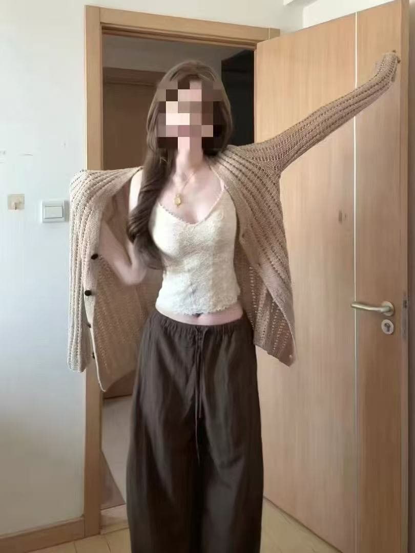새로운 느긋한 바람 패션 다용도 슬림해 보이는 홀로우 아웃 스웨터 슬립 허리밴드 캐주얼 바지 3종 세트 상세 이미지 1