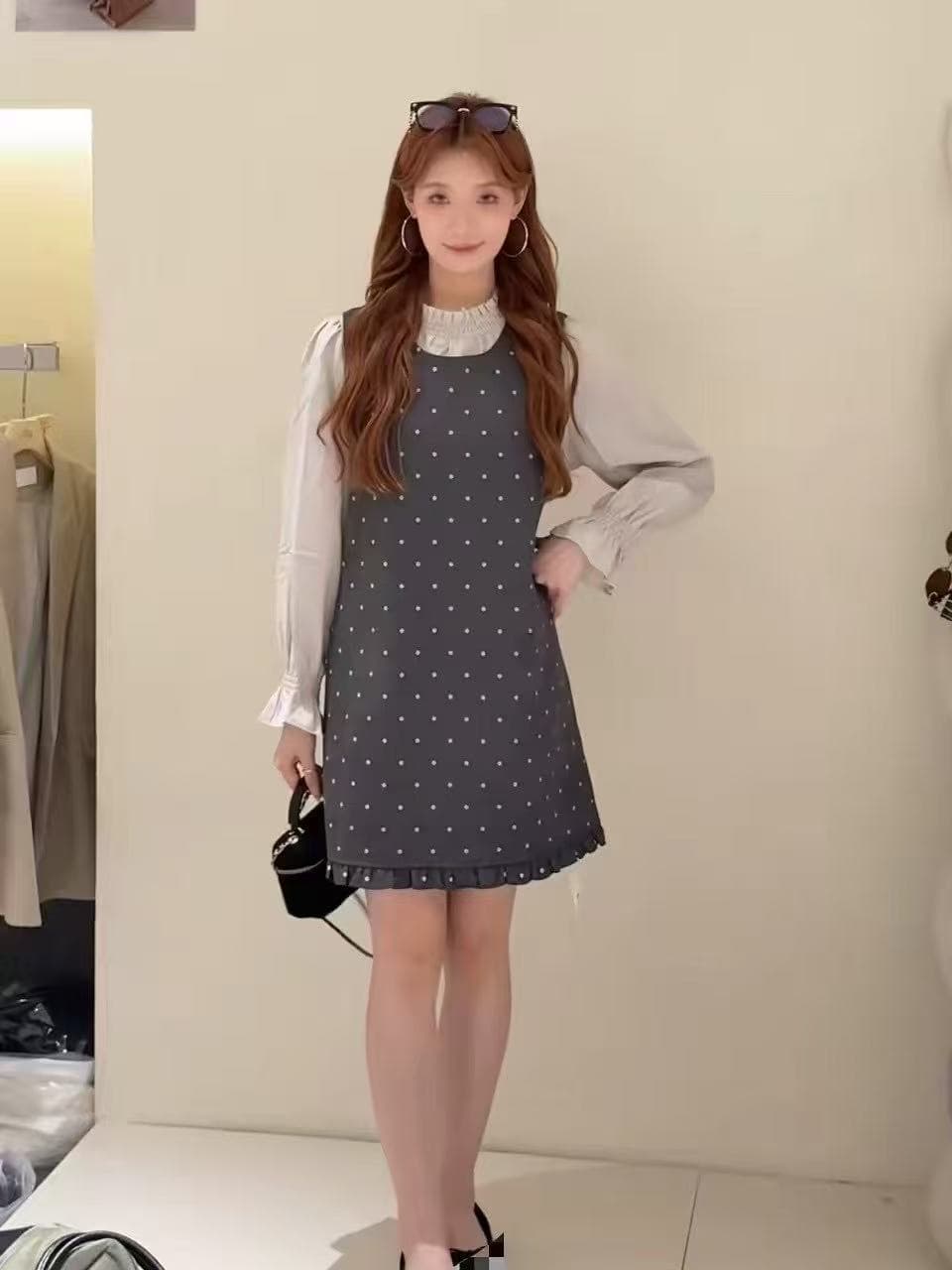 새로운 한국 스타일 패션 달콤함 품격 프릴 셔츠 도트 무늬 도트 조끼 원피스 투피스 세트 이미지 3