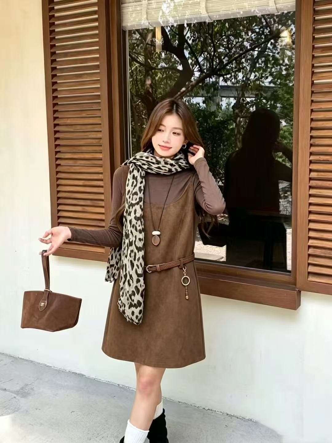 새로운 한국 스타일 패션 미니멀리즘 레트로 기본 셔츠 슬립 드레스 벨트 스카프 4 세트 이미지 3