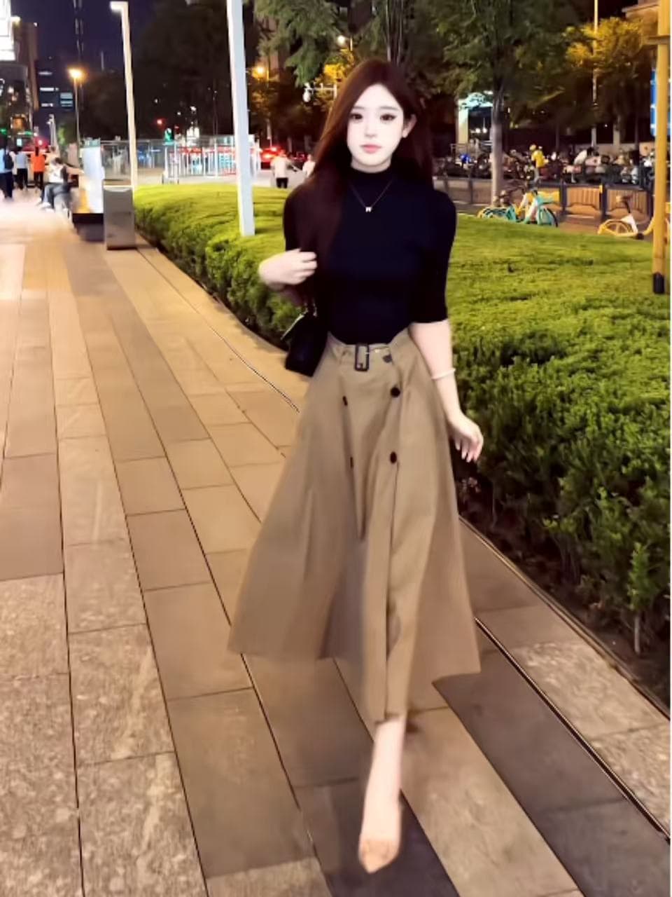 새로운 패션 품격 명문 여성 바람 반소매 기본 셔츠 하이웨이스트 이중 버튼 디자인 대 우산 치마 투피스 세트 상세 이미지 3