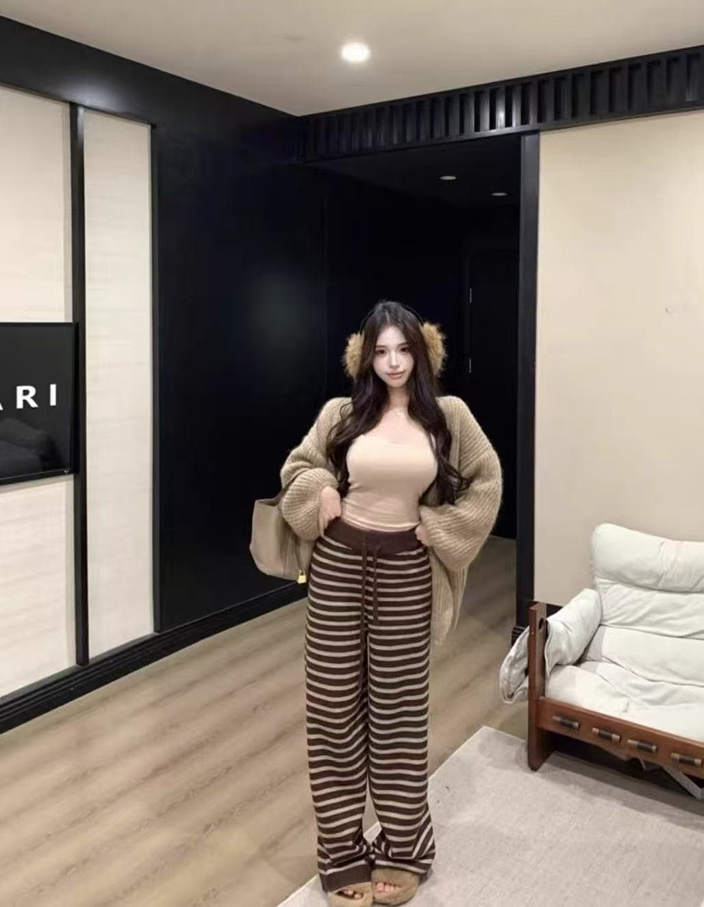 새로운 느긋한 바람 패션 루즈핏 스웨터 코트 슬립 허리밴드 스트라이프 캐주얼 바지 3 세트 상세 이미지 8