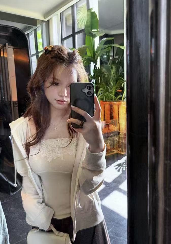 새로운 한국 스타일 패션 후드 오픈 가디건 레이스 가슴 패드 조끼 허리밴드 반신 스커트 3종 세트 상세 이미지 7