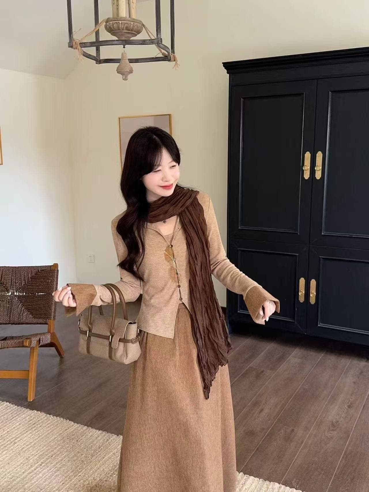 새로운 패션 느긋한 바람 배색 폴로 칼라 패치워크 색상 맨위 허리밴드 반신 스커트 스카프 3 세트 이미지 4