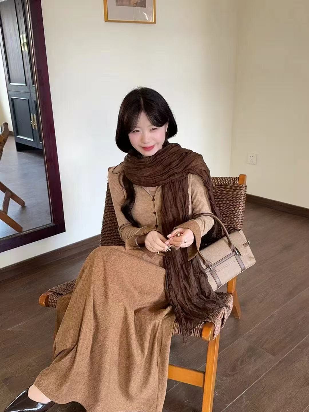 새로운 패션 느긋한 바람 배색 폴로 칼라 패치워크 색상 맨위 허리밴드 반신 스커트 스카프 3 세트 상세 이미지 2