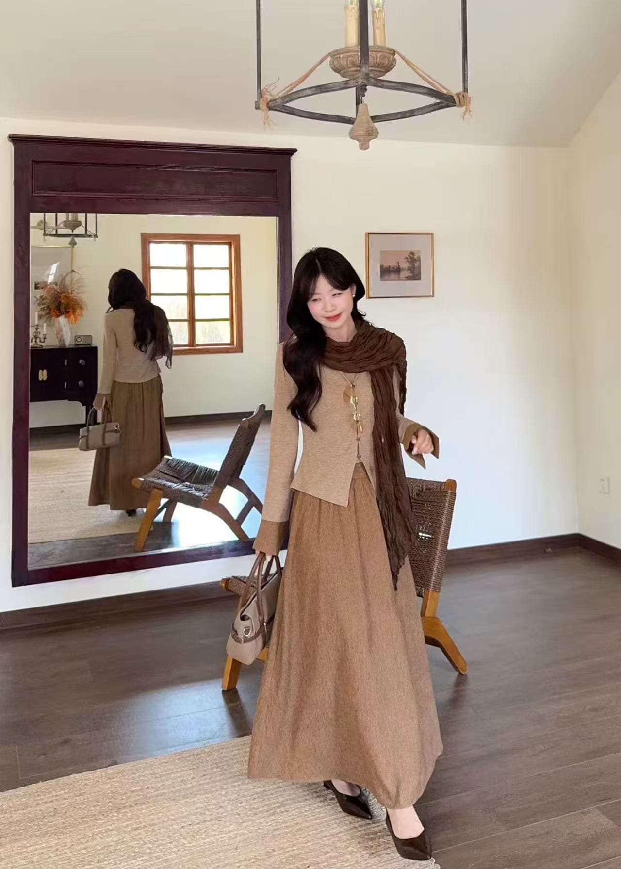 새로운 패션 느긋한 바람 배색 폴로 칼라 패치워크 색상 맨위 허리밴드 반신 스커트 스카프 3 세트 상세 이미지 4
