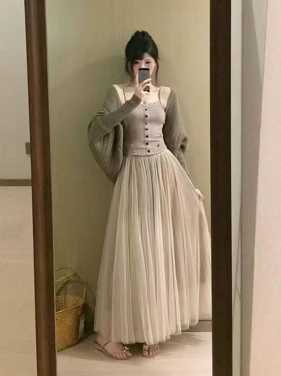 한 부서 느긋한 부드러운 착용 가져 가라. 캐주얼 배트윙 소매 스웨터 오픈 가디건 레이스 슬립 망사 치마 3종 세트 상세 이미지 1