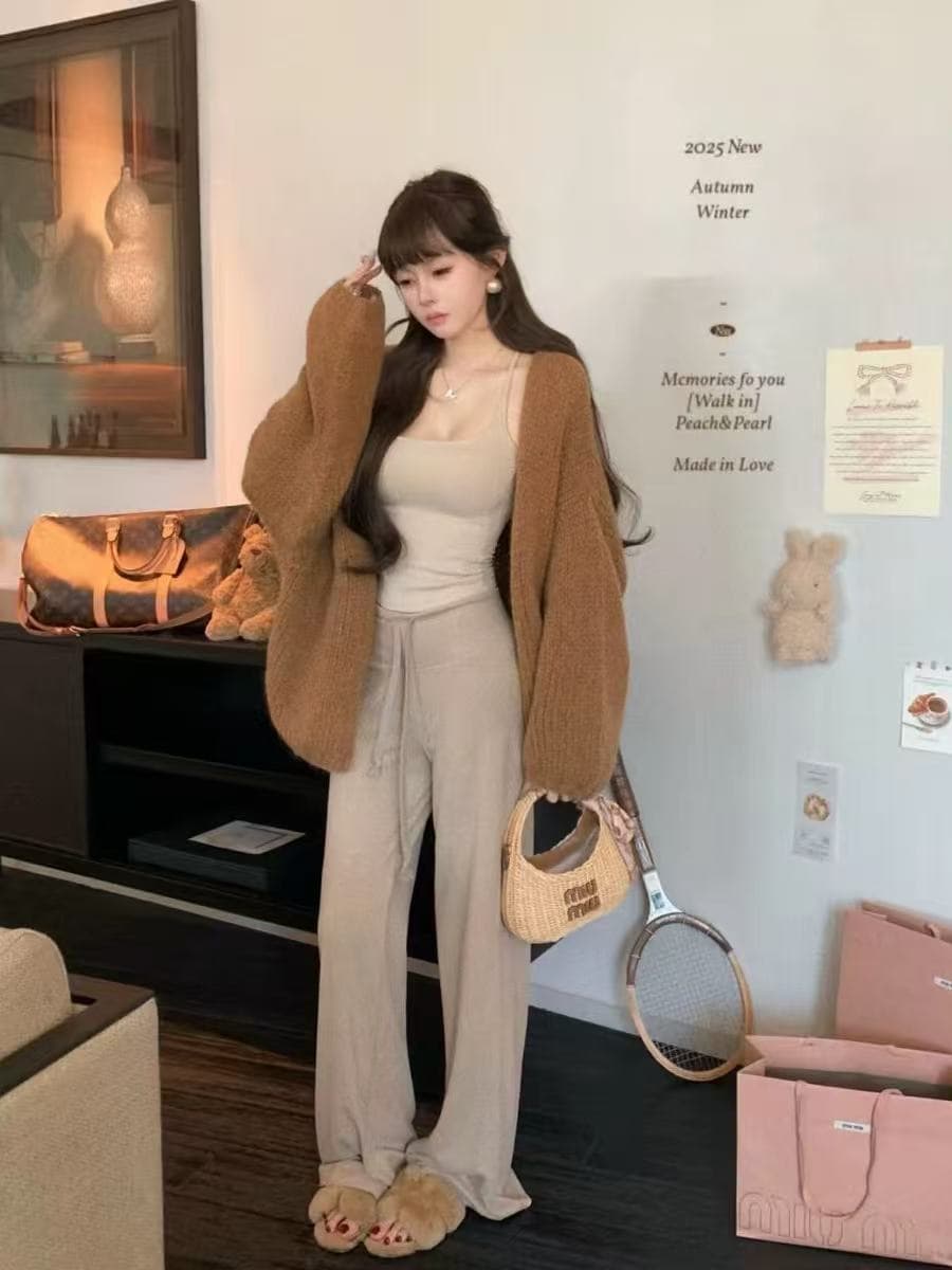 새로운 한국 스타일 패션 루즈핏 스웨터 오픈 가디건 캐미솔 허리밴드 캐주얼 바지 3종 세트 이미지 2