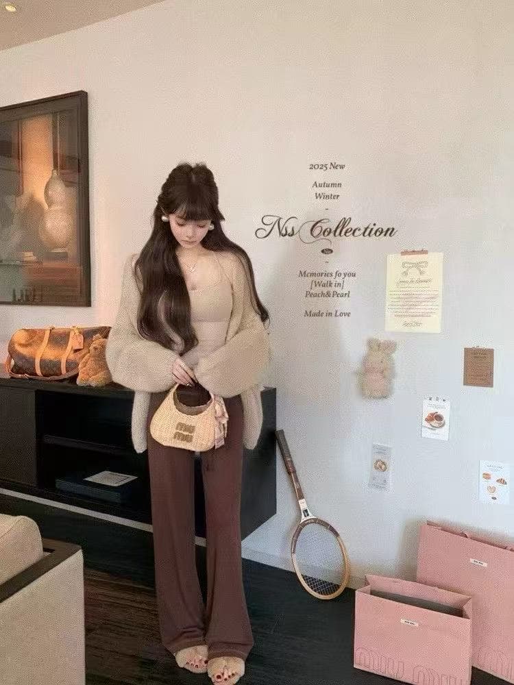 새로운 한국 스타일 패션 루즈핏 스웨터 오픈 가디건 캐미솔 허리밴드 캐주얼 바지 3종 세트 상세 이미지 7
