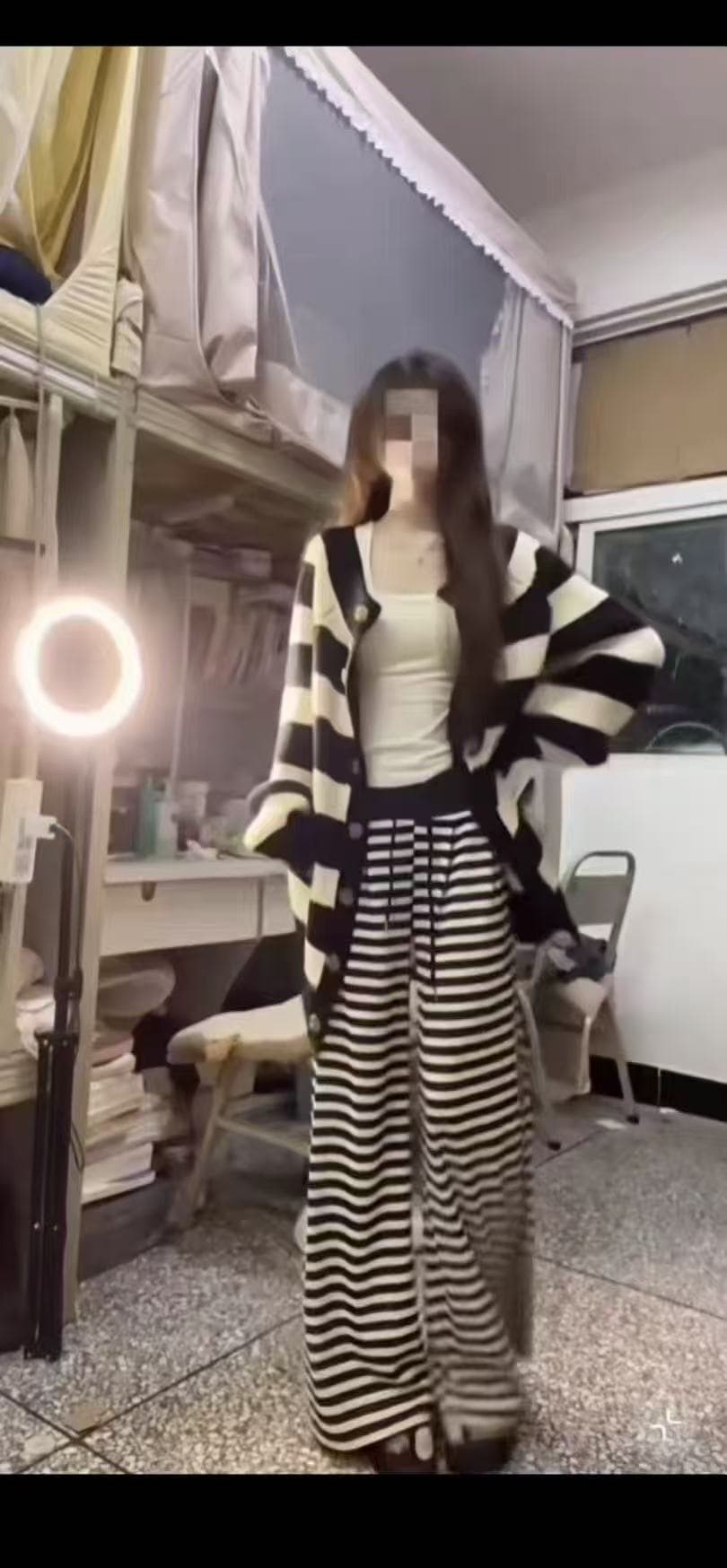 새로운 패션 루즈핏 스웨터 오픈 가디건 캐미솔 허리밴드 스트라이프 캐주얼 바지 3종 세트 상세 이미지 2