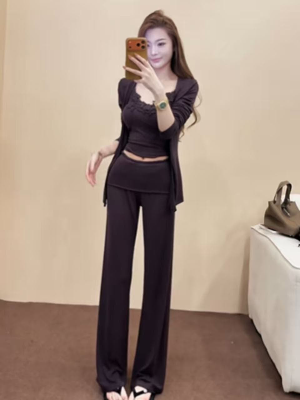 새로운 한 스타일 섹시함 순수한 욕망 바람 레이스 조각 슬립 오픈 가디건 허리밴드 캐주얼 바지 3종 세트 상세 이미지 1