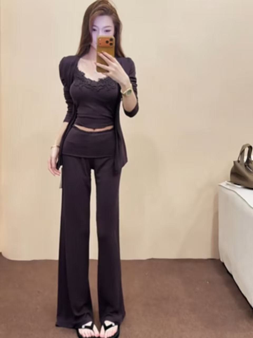 새로운 한 스타일 섹시함 순수한 욕망 바람 레이스 조각 슬립 오픈 가디건 허리밴드 캐주얼 바지 3종 세트 상세 이미지 4