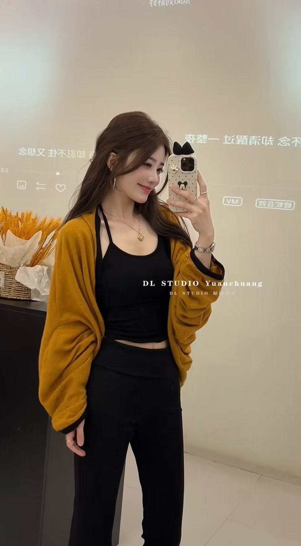 새로운 부드러운 바람 캐주얼 배트윙 소매 스웨터 오픈 가디건 행침 목 슬립 허리밴드 캐주얼 바지 3종 세트 이미지 2