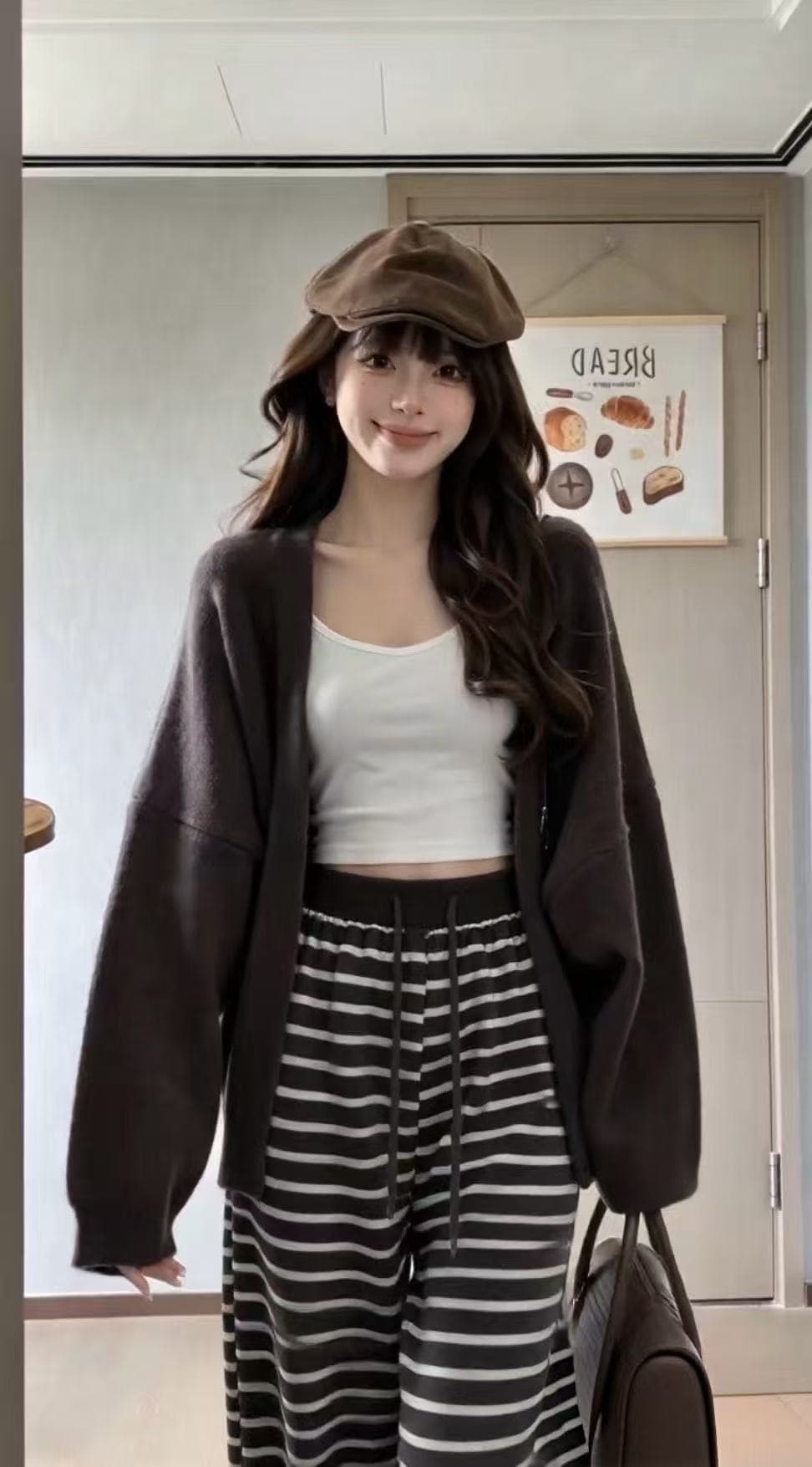 새로운 한국 스타일 부드러운 바람 캐주얼 스웨터 오픈 가디건 슬립 허리밴드 스트라이프 캐주얼 바지 3종 세트 이미지 5