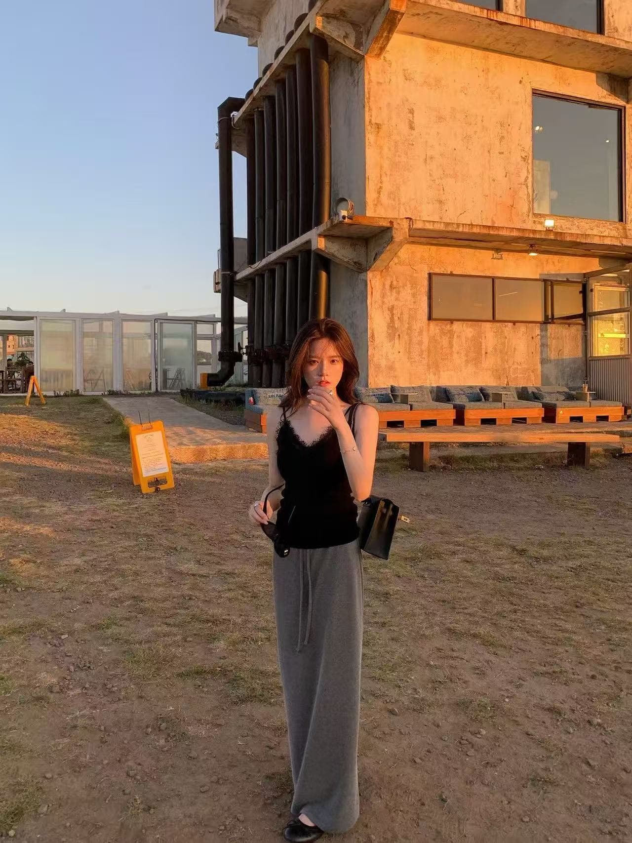 새로운 패션 부드러운 슬림해 보이는 체크무늬 오픈 가디건 레이스 슬립 허리밴드 반신 스커트 3종 세트 이미지 4