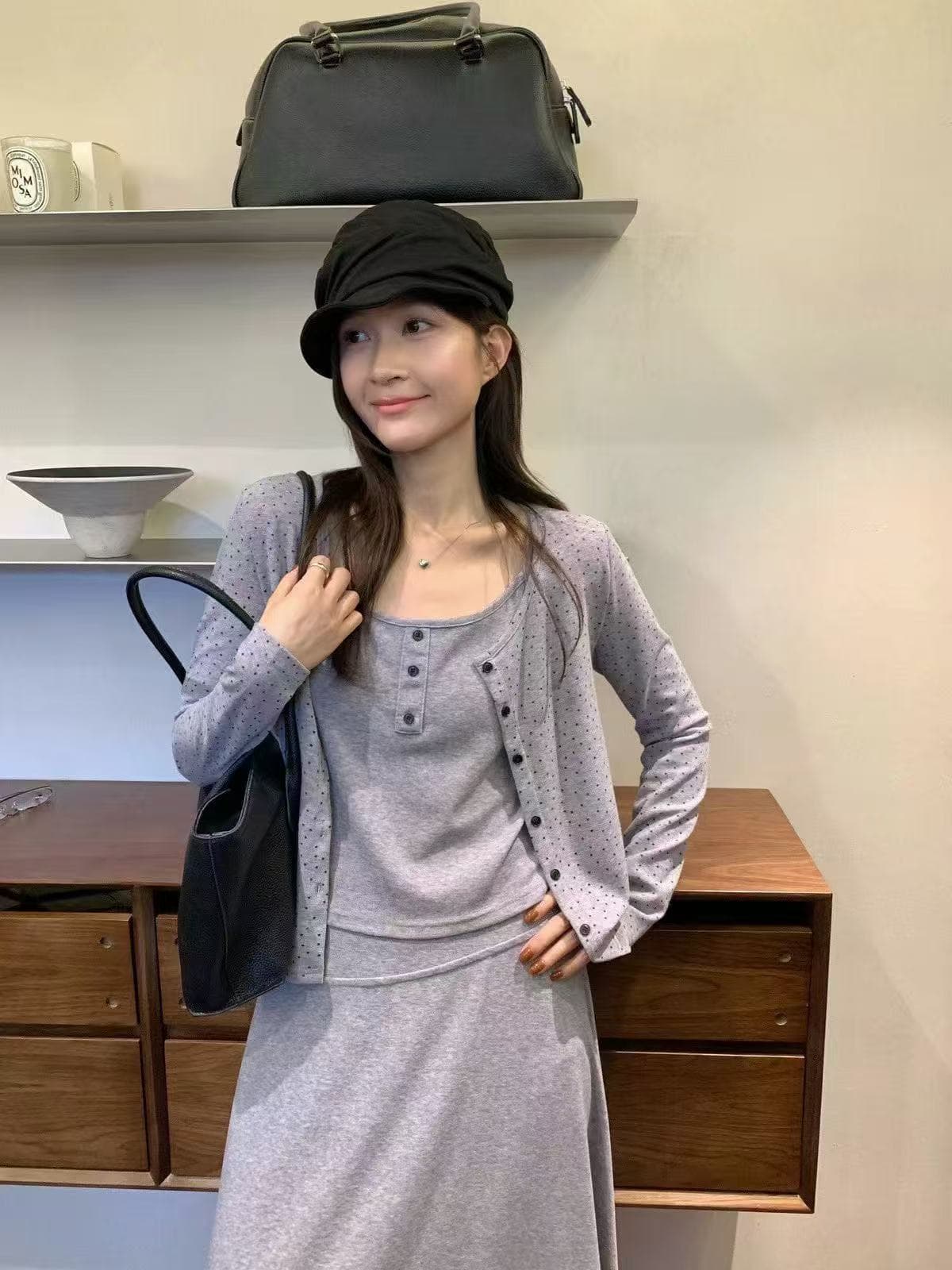 새로운 한국 스타일 패션 부드러운 슬림해 보이는 도트 무늬 오픈 가디건 슬립 허리밴드 반신 스커트 3종 세트 상세 이미지 6