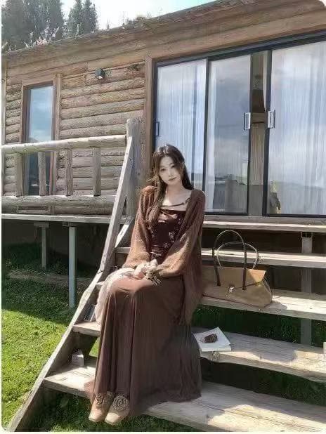 새로운 패션 고전 바람 젠 감기 스웨터 오픈 가디건 슬립 허리밴드 반신 스커트 3종 세트 이미지 2