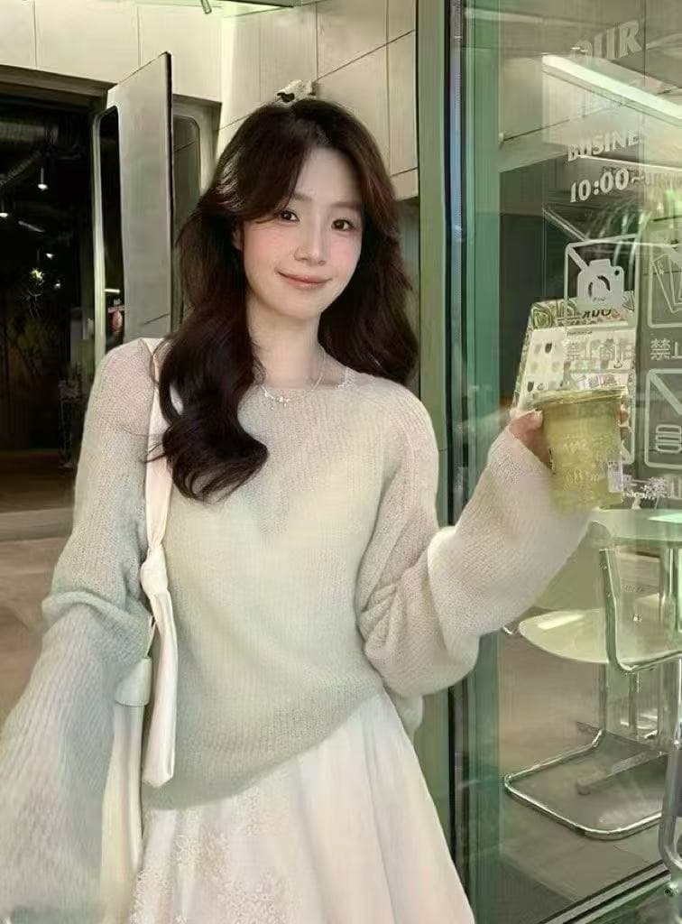 새로운 패션 박하 녹색 부드러운 품격 니트 스웨터 허리밴드 레이스 불규칙 반신 치마 세트 상세 이미지 1