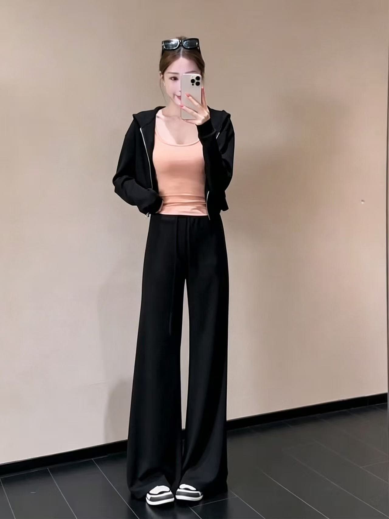 새로운 한국 스타일 캐주얼 바람 후드 지퍼 후드티 재킷 슬립 허리밴드 캐주얼 긴 바지 3종 세트