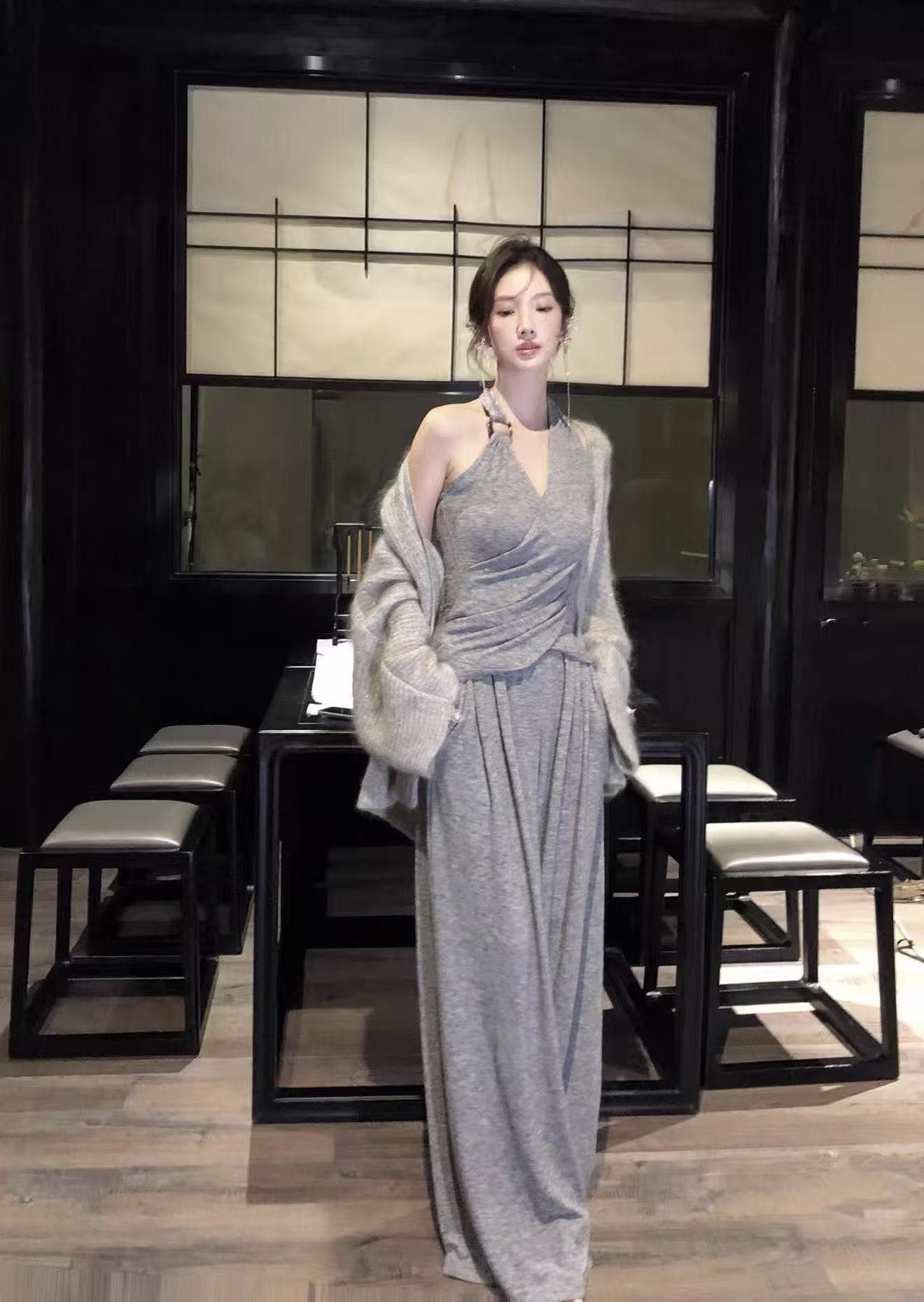 새로운 고급 센스 느긋한 바람 스웨터 오픈 가디건 행침 목 맨위 허리밴드 와이드 레그 팬츠 3종 세트 상세 이미지 2