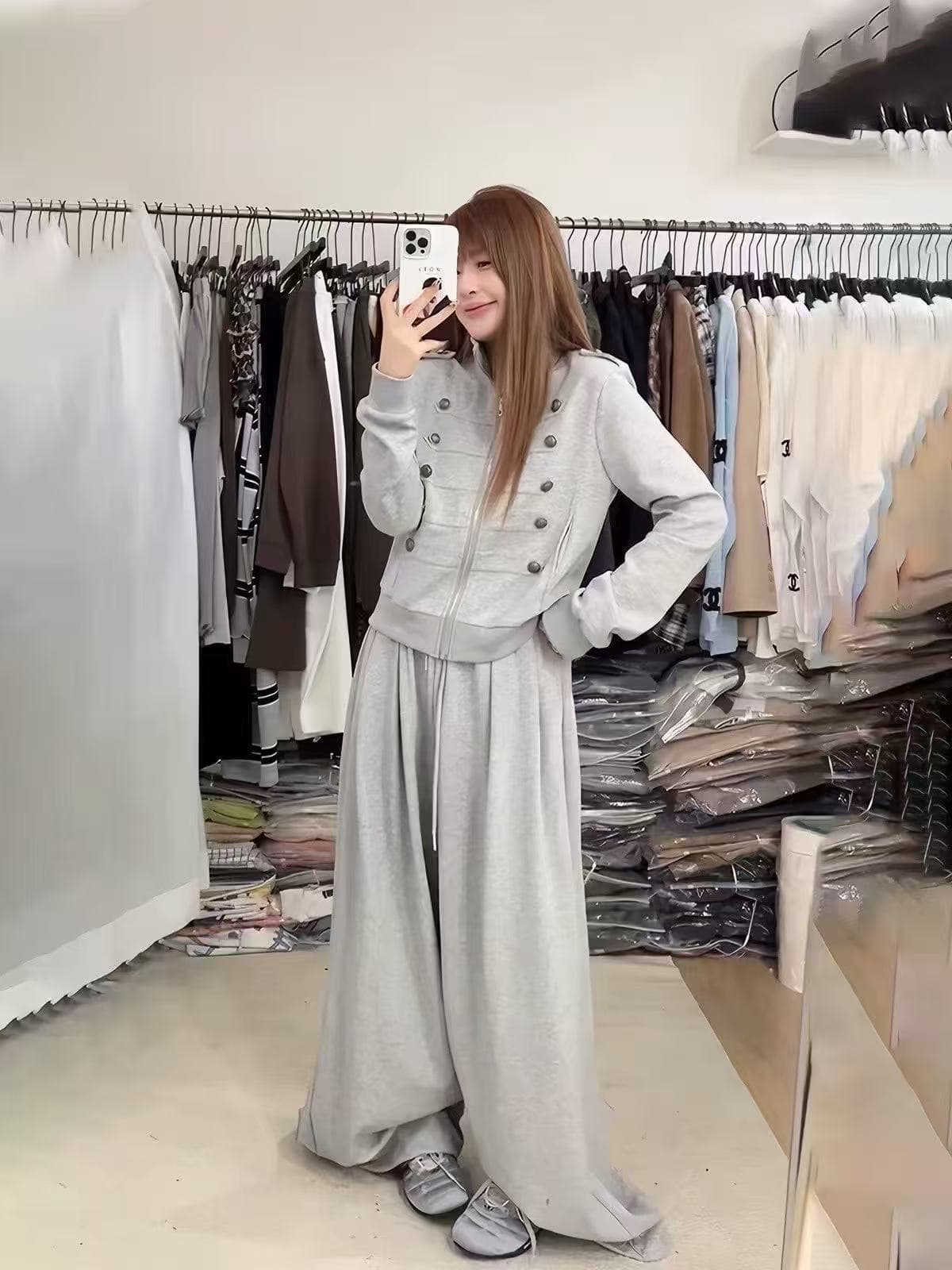 새로운 한국 스타일 패션 캐주얼 스탠드 칼라 이중 버튼 재킷 허리밴드 캐주얼 와이드 레그 팬츠 투피스 세트 이미지 3