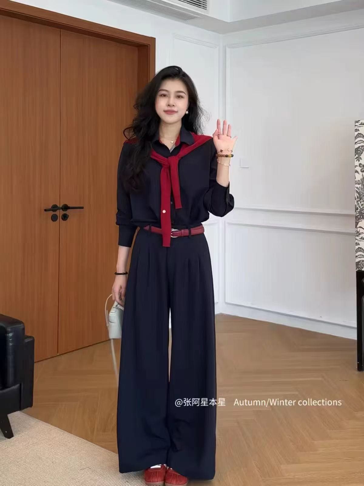 새로운 한국 스타일 패션 품격 느슨함 센스 데님 바람 셔츠 하이웨이스트 와이드 레그 팬츠 숄 3종 세트 이미지 4