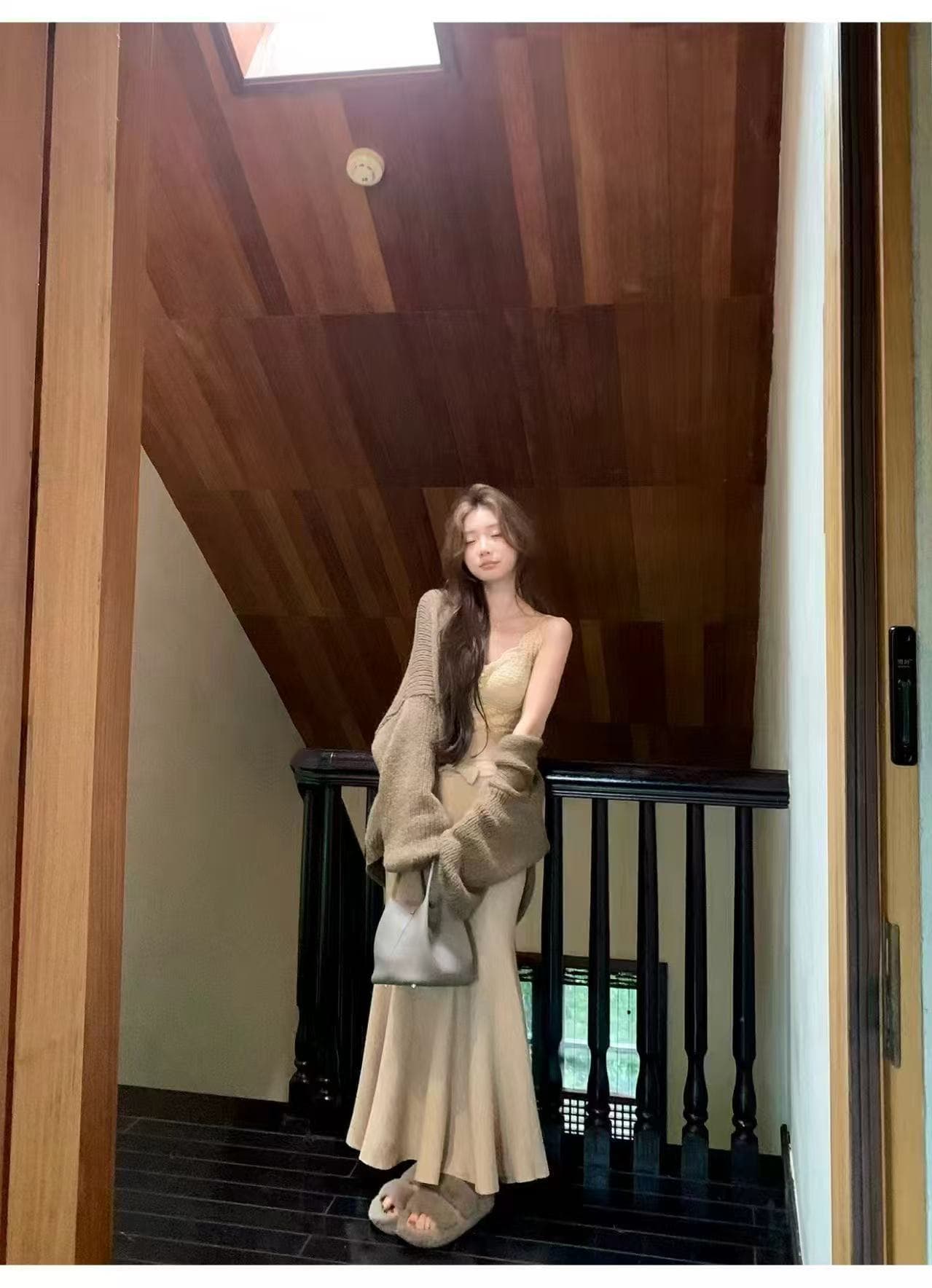새로운 고급 센스 연령 감소 스웨터 오픈 가디건 레이스 슬립 하이웨이스트 나비 매듭 인어 꼬리 스커트 3 세트 상세 이미지 7