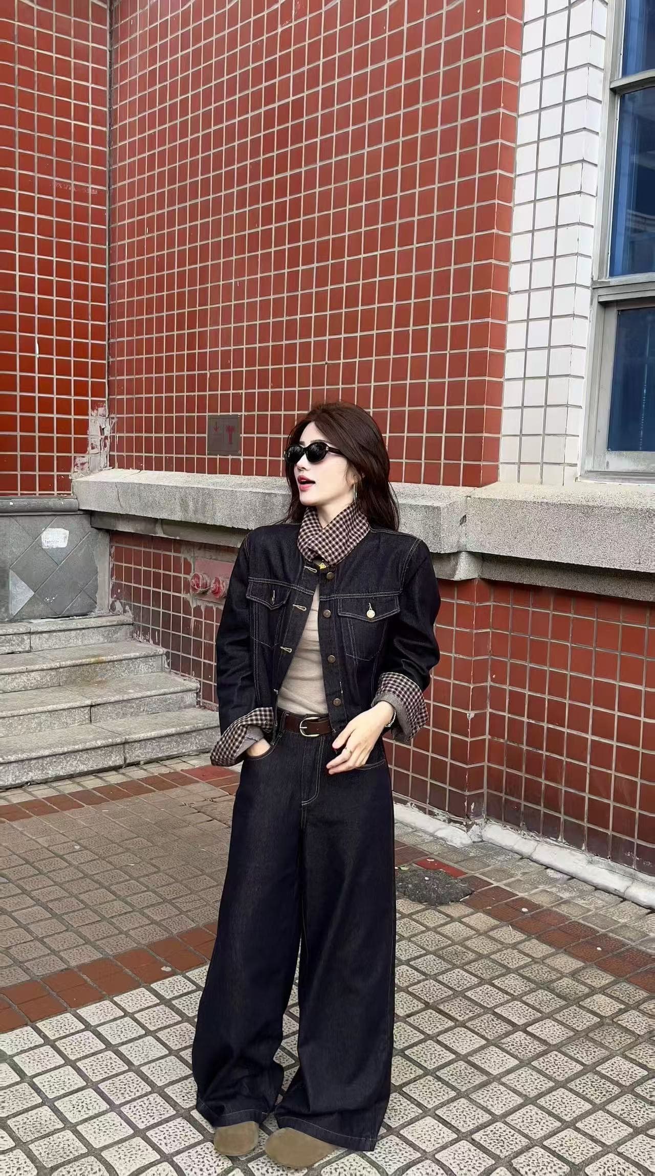새로운 인터넷 유명인 아름다움 라드. 데님 패치워크 체크무늬 쇼트 스타일 재킷 하이웨이스트 와이드 레그 팬츠 벨트 3 세트 이미지 2