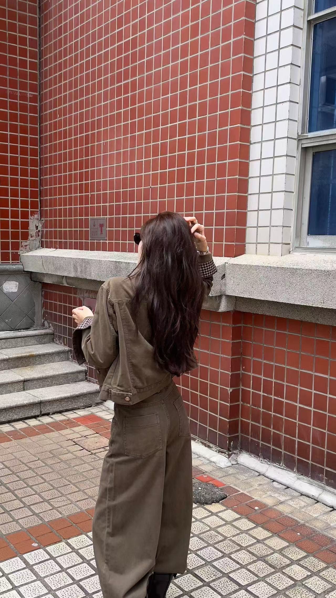 새로운 인터넷 유명인 아름다움 라드. 데님 패치워크 체크무늬 쇼트 스타일 재킷 하이웨이스트 와이드 레그 팬츠 벨트 3 세트 상세 이미지 8