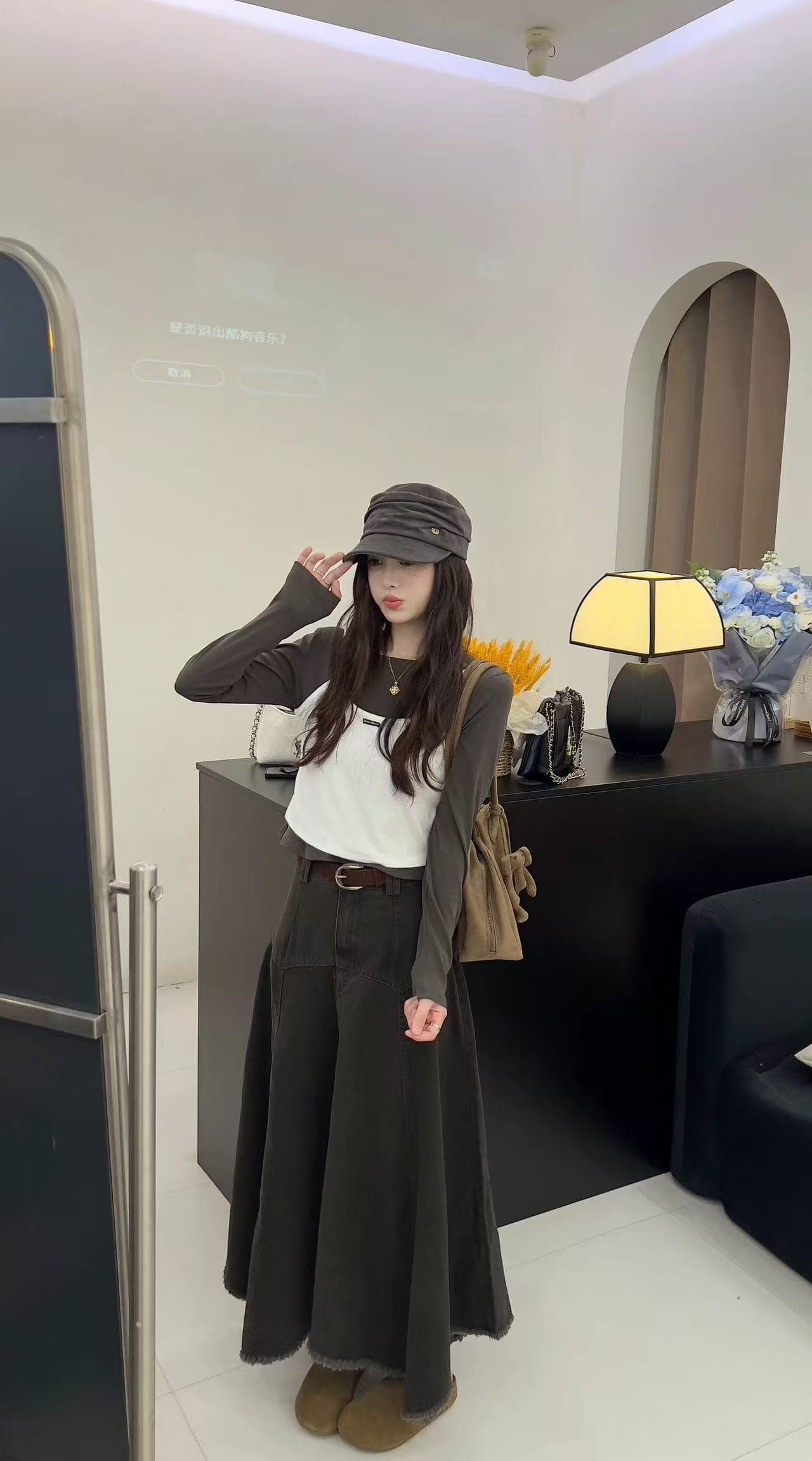 새로운 막대기 표준 패치워크 배색 페이크 레이어드 몸매 가꾸기 맨위 하이웨이스트 데님 반신 스커트 벨트 3 세트 상세 이미지 4